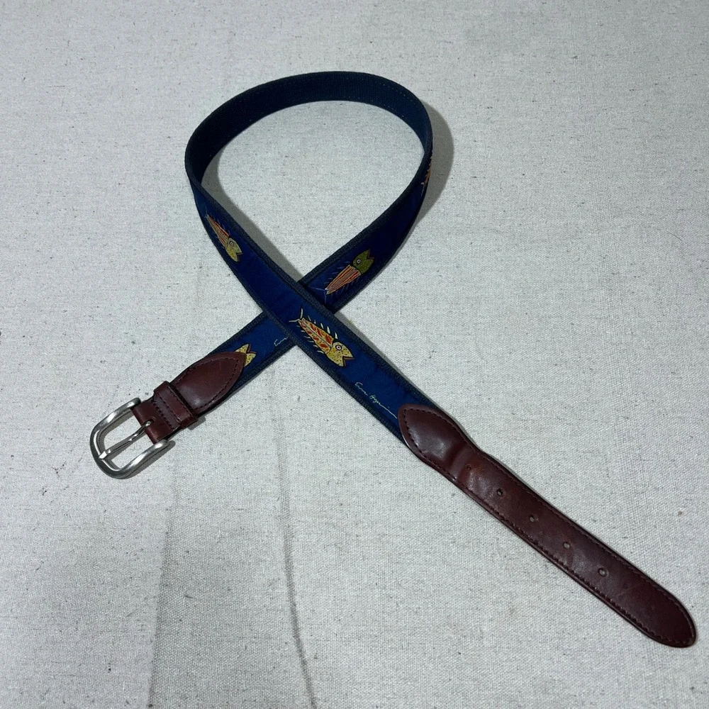 Belted Cow Co. Hopkins Fish Ribbon Club Belt Navy Blue & Brown‎ Leather Size 36